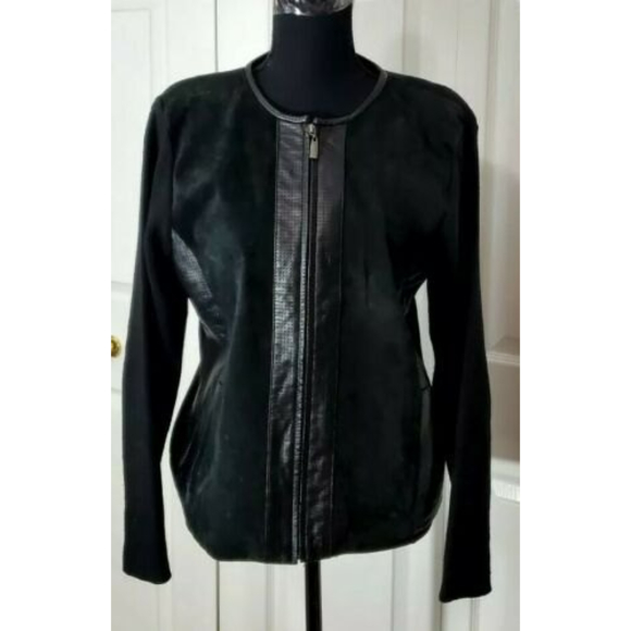 Escapade Black Leather & Suede Fabric Zip Up Jacket Coat Pockets Sz L - Picture 1 of 5